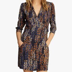 Reiss Navy Orange Abstract Print Long Sleeve Shirt Dress Designer